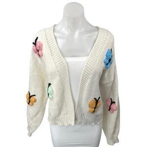 Luna Ivy Women's Cream Multicolor 3D Butterfly Open Cardigan Sweater Top Size S